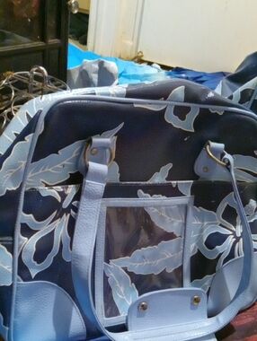 Light Blue Floral Print Tote Bag with Clear Front Pocket